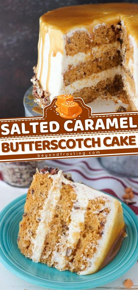 Salted Caramel Butterscotch Cake with Brown Butter Frosting, fall, thanksgiving desserts, sweet treats Homemade Fall Cake Recipes, Fall Desserts With Caramel, Butterscotch Recipes Desserts, Butterscotch Caramel Cake, Best Butterscotch Desserts, Old Fashioned Butterscotch Cake, Salted Caramel Butterscotch Cake, Fall Inspired Cake Flavors, Thanksgiving Cake Recipes Easy