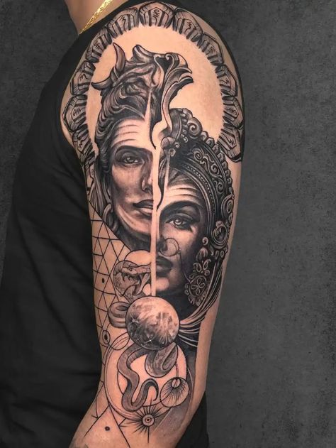 Best Shiva, Mahakal & Mahadev Tattoo Designs | Aliens Tattoo Lord Shiva Hd Tattoo, Hindu Tattoo Sleeve, Hanuman And Shiva Together Tattoo, Indian Tattoo Men, Shiva Shakti Tattoo, Krishna Tattoo Design For Men, Shiv Shakti Tattoo, Parvati Tattoo, Tattoos On Your Hand