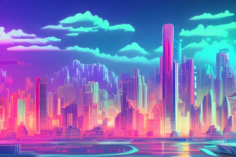 Blue pink cityskyline Colorful City Aesthetic, Places Reference, Pink Skyline, Red Buildings, Scifi City, Pakistan Art, Sci Fi Wallpaper, Cityscape Wallpaper, New York Cityscape