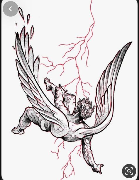 Icarus Reaching For The Sun Tattoo, Icarus Tattoo Stencil, Icarus Back Tattoo, Icarus Falling Tattoo, Icarus Tattoo Design, Red Tattoo Men, Falling Angel Tattoo, Angle Tattoo For Men, Blitz Tattoo