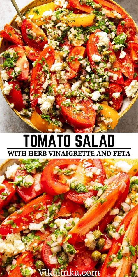 Tomato Feta Salad Recipes, Tomato Caper Salad, Cherry Tomato Feta Salad, Tomato Feta Recipes, Feta And Tomato Recipes, Greek Tomato Salad, Caprice Salad, Tomato Salad With Feta, Grape Tomato Salad