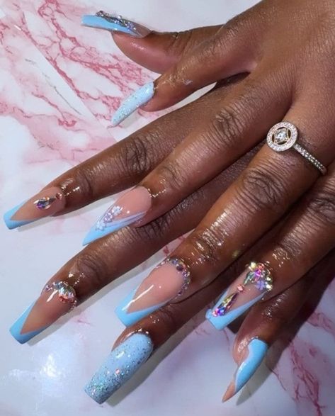 Flower Bling Nails, Baby Blue Stiletto Nails, Blue Xmas Nails, French Tip Flower Nails, French Tip Nails Blue, Baby Blue French Tip, Blue Nails Winter, French Tip Flower, Blue Stiletto Nails