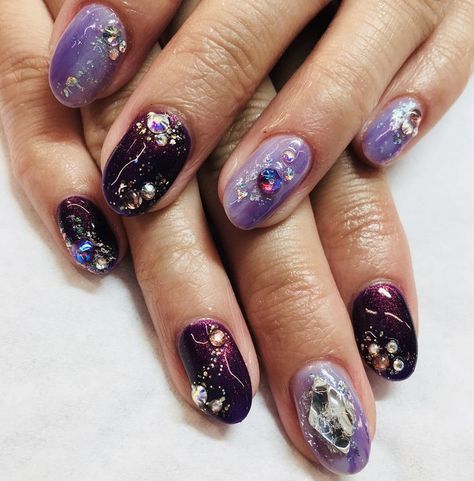 90s Whimsigoth Nails, Whimsigothic Nails, Purple Witchy Nails, Whimsical Nails, Mystic Nails, Dark Purple Nails, Wedding Manicure, Nail Gems, Witchy Nails