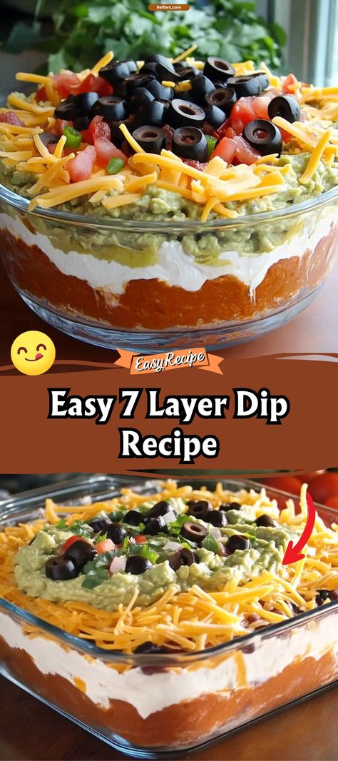 Dive into layers of flavor with this Easy 7 Layer Dip, perfect for any gathering. Layered with refried beans, guacamole, sour cream, cheese, and more, each scoop is a fiesta in your mouth. Serve it up with crispy tortilla chips for the ultimate party starter. #LayerDip #PartyFood #EasyRecipes Three Layer Bean Dip, 7 Layer Bean Dip Recipes Easy, 6 Layer Bean Dip, 3 Layer Bean Dip, Mexican Bean Dip 7 Layer, Best Seven Layer Dip Recipe, Cold Refried Bean Dip, Easy 7 Layer Dip Simple, Five Layer Bean Dip