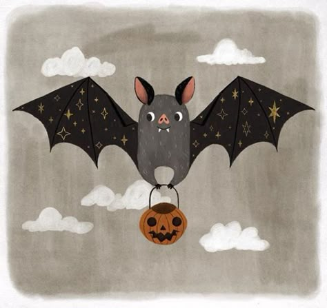 Cute Bat Illustration, Halloween Illustration Cute, Fall Illustration Art, Cute Halloween Illustration, Drawing Vampire, Paintings Halloween, Zombie Artwork, Drawing Skeleton, Halloween Art Drawing