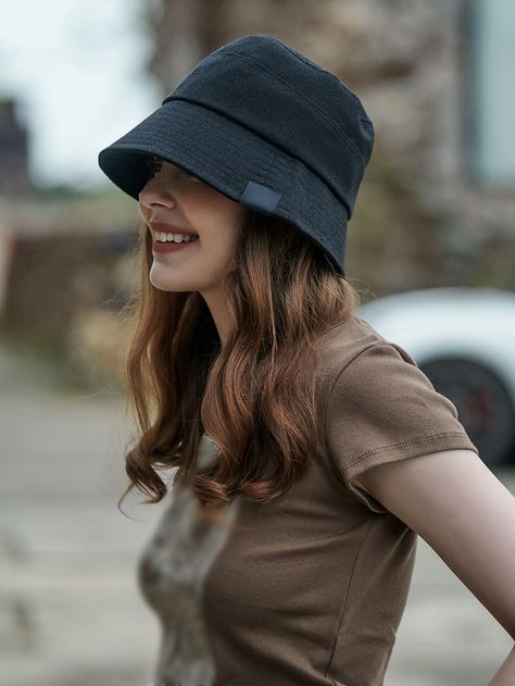 Black Casual   Cotton Plain Bucket Hat Embellished  Spring/Fall Women Accessories Women’s Bucket Hat Outfit, Bucket Hat Outfit Black Women, Look Com Bucket Hat, Black Bucket Hat Outfit, Bucket Hat Inspo, Bucket Hat Aesthetic, Topi Bucket, Bucket Hat Outfit, Bucket Hat Style