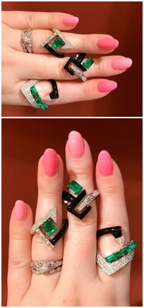 I love love love these rings by Nikos Koulis! Diamonds and emeralds with black enamel. Nikos Koulis Jewelry, Art Deco Jewelry Rings, Nikos Koulis, Fine Gold Necklace, Black Gold Jewelry, I Love Love, Jewelry Tattoo, Unique Diamond Rings, Contemporary Ring