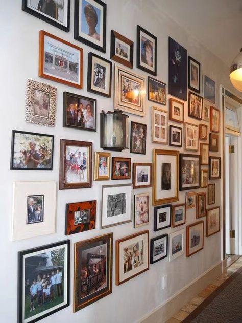 Wall Portraits Ideas, Photo Wall Family Pictures, Cluster Photos On Wall, Family Photos Interior Design, Lots Of Pictures On Wall, Picture Mural Photo Walls, Family Photos In Home Decor, Hallway Of Pictures, Eclectic Family Photo Wall