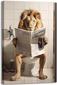 GLOKAKA Funny Bathroom Wall Art Cute Lion Sitting on Toilet Reading Newspaper Canvas Print Picture Humor Animal Wall Art For Bathroom Bedroom Kitchen,Ready to Hang Lion Sitting, Sitting On Toilet, Wall Art For Bathroom, Newspaper Canvas, Humor Animal, Art For Bathroom, Reading Newspaper, Cute Lion, Funny Bathroom