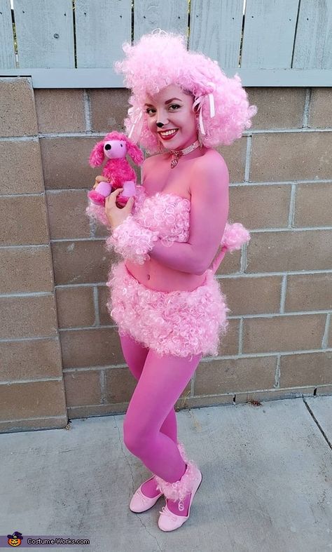 Vintage Pink Halloween, Pink Costumes Halloween, Diy Poodle Costume, Pink Poodle Costume, Pastel Halloween Costume, Poodle Costume Women, Leotard Costume Halloween, Campy Halloween Costume, Poodle Halloween Costumes