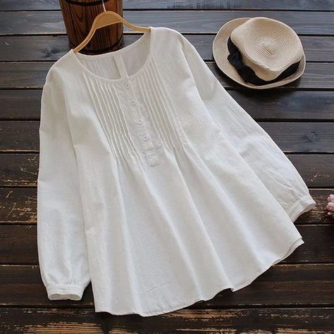 Linen Style I White Cotton Blouse, Design Clothes, Pleated Blouse, Oversized Blouse, Solid Color Shirt, Fashion Top, Mode Hijab, 가을 패션, Plus Size Blouses