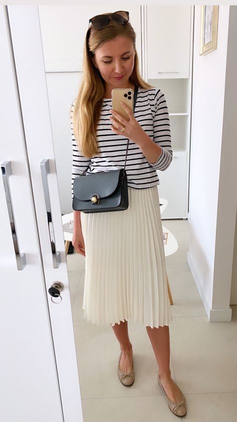 Summer outfit, white pleated skirt, striped blouse Styling A White Pleated Skirt, Cream Skirt Fall Outfit, Cream Pleated Skirt Outfit Summer, Ivory Pleated Skirt Outfit, Cream Skirt Outfit Summer, White Pleated Skirt Outfit Summer, Pleated White Skirt Outfit, Cream Pleated Skirt Outfit, Amber Outfit