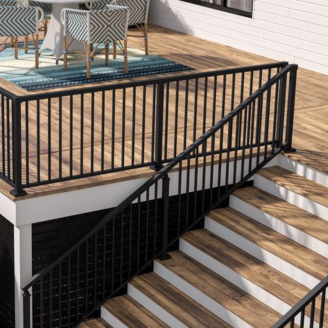 Kit includes: top rail, bottom rail, and balusters (NOTE: posts kits sold separately). Pre-built Actual Size: 69.75-in W x 33-in H. Tough and durable aluminum railing resists rust, corrosion, fading and discoloring. Clean, modern continuous top rail design. Tested to meet IRC code requirements - always check local building codes. Coordinating 6-ft x 36-in Pre-Built Level Rail Kit - model # 73056414. Works with coordinating Stair Post Kit (model # 73056433). Coordinating Mid-Stair Bracket kit (mo Painted Black Stair Railing, Two Tier Deck Ideas, Exterior Railing, Outdoor Railing, Black Stair Railing, Wood Deck Railing, Deck Stair Railing, Loft Railing, Black Railing