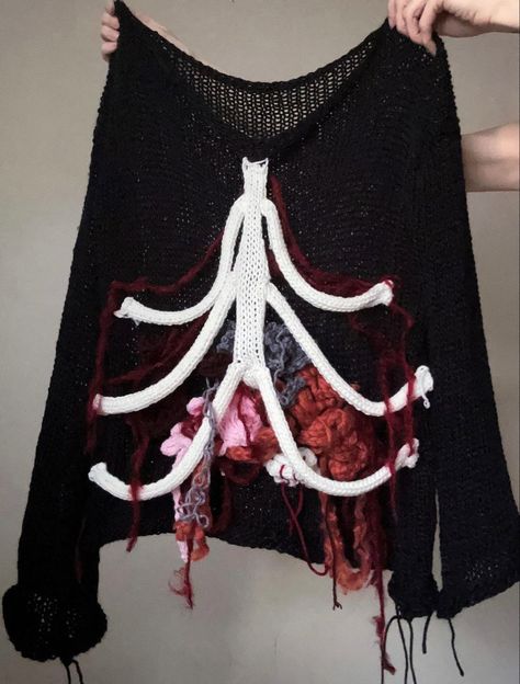 Crochet Bone Sweater, Weird Crochet Clothes, Crochet Goth Clothes, Gore Clothes, Goth Crochet Patterns, Anatomy Clothes, Gore Fashion, Alt Crochet, Scary Clothes