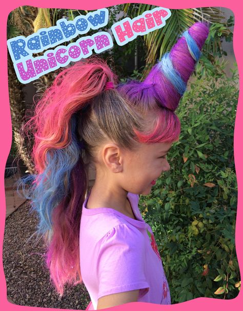 Crazy hair day FAVORITE! Rainbow Unicorn Hair. (We used a Styrofoam cone for horn - spray painted purple before wrapping hair.) Crazy Hair For Kids, Wacky Hair Days, Wacky Hair, Crazy Hair Day At School, Crazy Hair Day, Unicorn Hair, Curly Bob Hairstyles, Crazy Hair Days, Halloween Hair