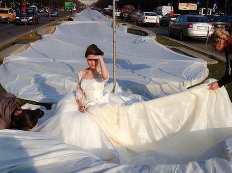 Handmade Wedding Dress with the World's Longest Train .. 2 miles!? Exotic Wedding Dress, Weird Wedding Dress, Long Gown For Wedding, Exotic Wedding, Train Wedding Dress, Handmade Wedding Dresses, Dress Train, Long Train Wedding Dress, Wedding Dress Train