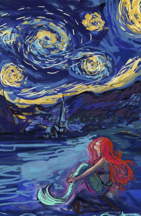 Starry Night Tattoo, Artist Van Gogh, Mermaid Canvas, Starry Starry Night, Starry Night Art, Vincent Van Gogh Paintings, Mermaid Painting, Arte Van Gogh, A Starry Night