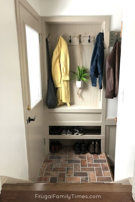 Small Hallway Built In Storage, Shoe Entry Way Ideas, Stair Landing Mudroom, Between The Studs Mudroom, Garage Entrance Mudroom, Small Entryway Bench And Coat Rack, Small Entryway Room Ideas, Backdoor Mudroom Small Spaces, Mudroom Stairs To Basement