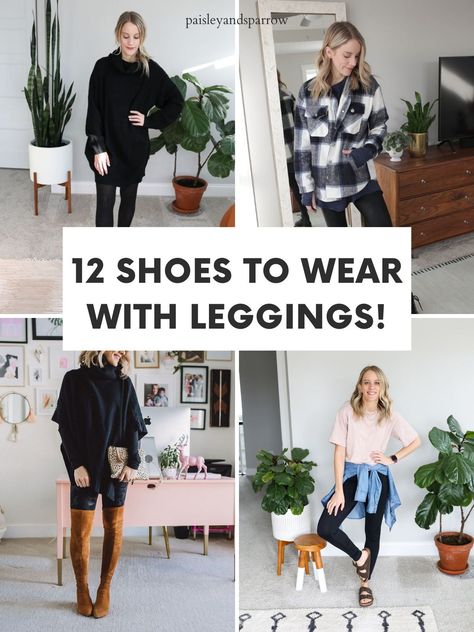 Shoe With Leggings, Shoes To Wear With Jegging, Leggings With Heels Outfit Classy, Black Dress With Leggings And Boots, How To Dress Leggings Outfits, Legging Work Outfit Fall, Black Leggings Outfit Fall 2022, Tennis Shoes And Leggings Outfits, Dressy Leggings Outfit Summer