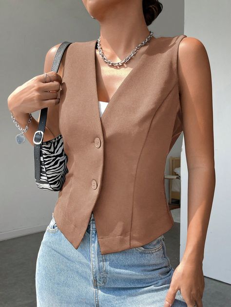 Camel Casual Collar Sleeveless Fabric Plain vest Embellished Medium Stretch  Women Clothing Brown Waistcoat Outfit Women, Brown Vest Outfits For Women, Vest Women Outfit, Brown Vest Outfit, Waistcoat Outfit Women, Gilet Outfit, Waistcoat Outfit, Camel Outfit, Vest Outfits For Women