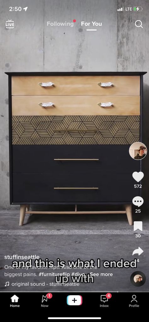 Geometric Dresser Diy, Revamping Old Furniture, Mid Century Dresser Makeover, Mcm Dresser Makeover, Upcycled Dressers, Retro Furniture Makeover, Dresser Flip, Old Furniture Makeover, Restore Furniture