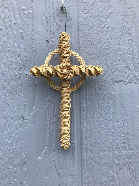 "100% hand-woven cross made from wheat stalks. Main cross is woven with a spiral plait with hand-woven accents added.  Wheat symbolizes life, prosperity, and nourishment. Large size is 10-1/2\" tall x 6\" wide x 2\" width. Added woven swag with woven center and straw covered bead.  Medium size is 8-1/2\" tall x 5-1/2\" wide x 2\" width. Added woven center with hand-cur straw glitter center bead. The back circle is made with hand-woven rustic plait. Small size is 7\" tall by 4-1/2\" wide x 1-1/2\ Sarah Campbell, Tree Tops, Guest Room, Medium Size, Hand Woven, Wheat, Large Size, Straw, Hand Weaving