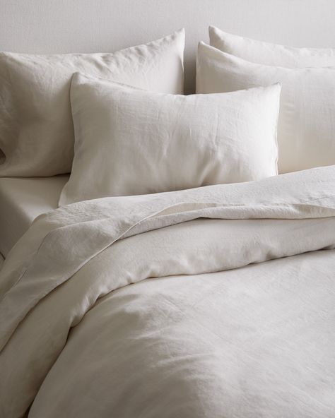 Ethically woven from the finest European flax, our mid-weight linen flax duvet cover set offers year-round luxury and feels as good as it looks. Pre-washed for superior softness and a perfectly lived-in vibe, our linen only gets softer over time.  | Quince | European Linen Duvet Cover Set in Sand Size King/Cal King Light Linen Bedding, Linen Duvet Set, Neutral Duvet Cover, Quince Bedding, White Bedding Aesthetic, Linen Sheets Bedroom, White Linen Bed, Quince Linen, Casaluna Bedding