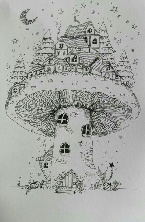 Fantasy House Drawing Sketch, Fantasy Nature Drawing, Drawing Ideas Fantasy Sketch Easy, Fantasy World Drawing Easy, Mushroom City Drawing, Whimsical Line Art, Magical Garden Drawing, Mushroom Drawing House, Magic Garden Drawing