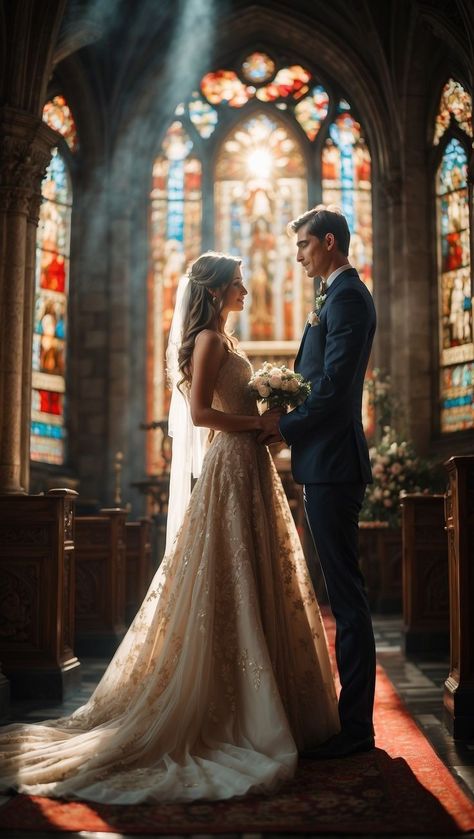 Cathedral Wedding Photos, Wedding Church Photos, Catholic Wedding Photography, Church Photoshoot, Stained Glass Wedding, Church Wedding Photos, Church Wedding Photography, Eternal Light, Timeless Wedding Photos