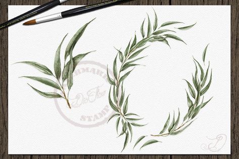 Willow Eucalyptus Tattoo, Willow Leaves Drawing, Eucalyptus Illustration, Willow Tattoo, Wedding Invitation Illustration, Willow Eucalyptus, Invitation Illustration, Greenery Clipart, Eucalyptus Design