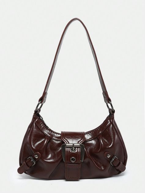 1pc Women Retro Melade Distressed Soft Faux Leather Motorcycle Bag With Rivets, Buckle Decor, Cloud Pleated Shoulder/Underarm Bag, Barrel Bag Shape Suitable For Work, Commute, Date, Party Maroon Punk,Vintage   PU Leather Colorblock,Plaid,Plain Baguette Bag   Women Bags, size features are:Bust: ,Length: ,Sleeve Length: Cute Vintage Bags, Vintage Clothing Pieces, 2000s Bags, Shoulder Bag Aesthetic, Maroon Bag, Bag Shapes, Baguette Bags, Handbags Vintage, Motorcycle Bag