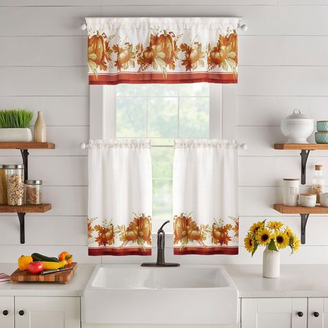 Fall Windows, Cafe Window, Fall Kitchen Decor, Small Window, Charming Kitchen, Tier Curtains, Kitchen Valances, Fall Kitchen, Pumpkin Colors