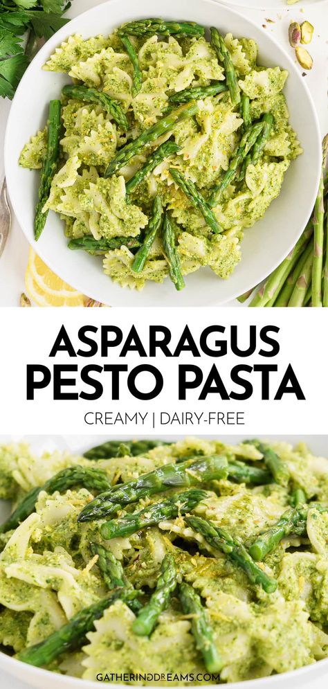 Looking for some asparagus recipes? Made with fresh asparagus, pistachio nuts, parsley, and a hint of lemon, this quick and easy mouthwatering asparagus pesto pasta is going to become your new favorite. It's naturally vegan, dairy-free, and can be made gluten-free by using gluten-free pasta! Paleo Asparagus Recipes, Asparagus Pasta Sauce, Lentil Asparagus Recipes, Plant Based Asparagus Recipes, Gluten Free Asparagus Recipes, Asparagus Lunch Recipes, Vegan Recipes With Asparagus, Asparagus Main Dish Recipes, Vegan Asparagus Pasta