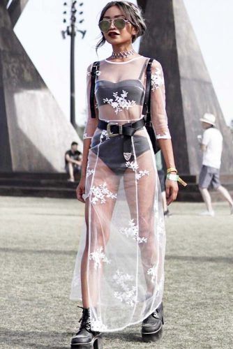 This is one of the more revealing outfits to wear to a concert! #concertattire #concertoutfit #sheerdress #maxidress #lacedress Geek Outfit, Mode Coachella, Moda Coachella, Coachella Looks, Festival Mode, Edm Outfits, Fest Outfits, Music Festival Fashion, Sassy Outfit