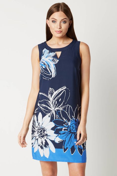 Cocktails On The Beach, Abstract Floral Print, Navy Fashion, Printed Shift Dress, Navy Floral, Blue Hues, Abstract Floral, Knee Length Dress, Beach Style