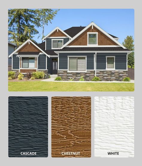 exterior color palette for home featuring blue, wood stain, and white colors Dark Blue Exterior With Wood Accents, Blue Exterior House Colors With Wood, Dark Gray Homes Exterior, Navy House With Cedar Accents, Blue And Gray Exterior House, Navy Blue House Exterior White Trim Wood Accents, Dark Blue Vinyl Siding House, Brown And Gray House Exterior, Grey Wood House Exterior