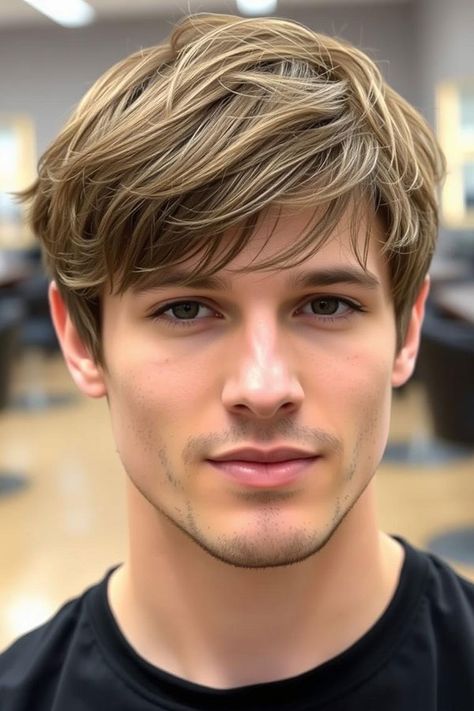 Light Brown Haircut with Swept Fringe, Modern Men Hairstyle, men haircut Men Light Brown Hair, Guys With Longer Hair, Light Brown Haircut, Hairstyles Light Brown, Layered Haircuts Men, Light Brown Hair Men, Kid Haircut, Brown Haircut, Side Swept Fringe