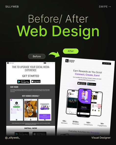 Before/ after Website redesign for a social media app Web Design Creative, Ux Process, Website Ads, Website Ui, Medium App, Website Redesign, Social Media Ad, Ux Web Design, Web Designer