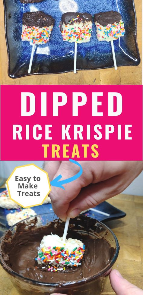 Learning how to make dipped rice kripie treats is pretty easy to do.  These chocolate dipped rice kripie treats on a stick are a great birthday dessert, but you can also decorate and serve them for any occassion like baby showers, gender reveals, halloween, christmas and more. Rice Krispie Bites, How To Dip Rice Krispies In Chocolate, Rice Krispie Treats On A Stick, Dipped Rice Krispie Treats, Treats On A Stick, Chocolate Dipped Rice Krispie Treats, Chocolate Rice Crispy Treats, How To Make Dip, Chocolate Rice Krispies