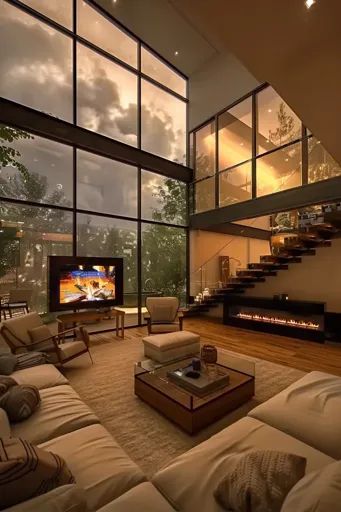 ↑↑↑ Larger size on website 🔸 The image shows a modern living room with large windows overlooking a lush, green forest. The room f 🔸 From Midjourney AI Image Big Window Home, Big Glass Windows Living Rooms, Large Windows House, Homes With Large Windows, Big House Windows, Big Window House, Living Room With Big Windows, House With Big Windows, Large Windows Living Room