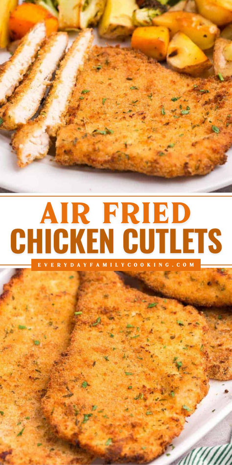 Air Fried Chicken Cutlets	Want more weeknight dinners for family? Here's an air fryer chicken recipe! This meat main dish is ready in just 20 minutes. Deliciously juicy while being crispy and golden, these easy air fried chicken cutlets are the BEST. Save this pin! Crispy Chicken Cutlets Air Fryer, Chicken Fried Chicken Air Fryer Recipe, Crunchy Air Fryer Chicken, Air Fryer Chicken Piccata Recipe, Italian Chicken In Air Fryer, Air Fried Chicken Cutlet Recipes, Chicken Cutlets Recipes Air Fryer, Chicken Cutlet In Air Fryer, Chicken Cutlet Recipes Easy Air Fryer