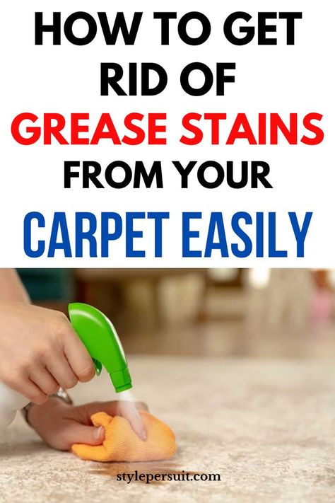 Accidents happen, and grease stains on your carpet can be particularly stubborn and unsightly. Whether it's from spilled cooking oil, butter, or automotive grease tracked in from outside, tackling grease stains promptly is essential to prevent them from setting and becoming permanent. With the right techniques and cleaning solutions, you can effectively remove grease from your carpet and restore its pristine appearance. Here's a comprehensive guide on how to get grease out of carpet. Stains Out Of Carpet, Carpet Stain Remover, Diy Stain Remover, Stain Removal Guide, Dusting Spray, Carpet Stain, Grass Carpet, Diy Staining, Old Carpet