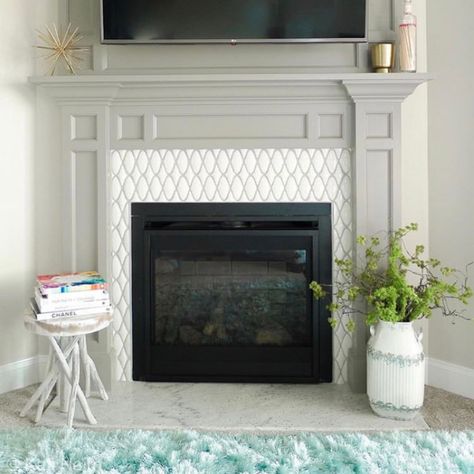 Gray And White Fireplace, Blue Mantle, Fireplace Hearth Tiles, Hearth Tiles, Fireplace Feature Wall, Ny Apartment, Craftsman Fireplace, Art Deco Fireplace, Mantle Fireplace