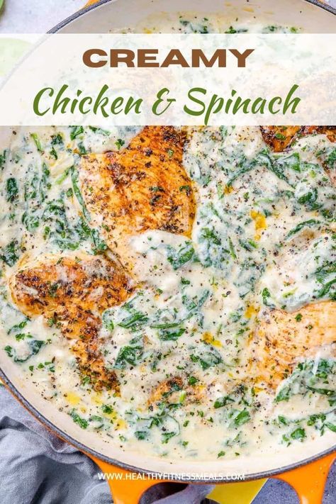 A low-carb Creamy chicken spinach recipe that's easy to make and ready in just 30 minutes. Tender and juicy chicken breasts nestled in a creamy parmesan spinach sauce that's so delicious it will become a weeknight favorite. Spinach Sauce For Chicken, Spinach Recipes Chicken, Chicken And Spinach Recipes Healthy, Chicken Spinach Spaghetti, Low Sodium Chicken Recipes, Chicken And Spinach Recipes, Creamy Chicken Spinach, Juicy Chicken Breast Recipes, Broccoli Spaghetti