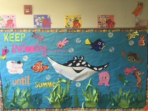 Finding Nemo Bulletin Board Ideas, Finding Nemo Hallway Decorations, Finding Nemo Bulletin Board, Nemo Bulletin Board, Pixar Classroom, Backboard Ideas, Ocean Classroom Decor, Welcome Bulletin Boards, Ra Themes