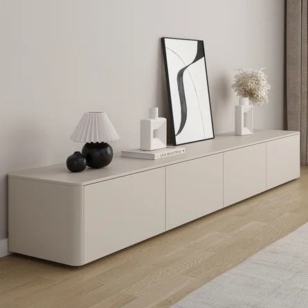 Hokku Designs Loranne 86.61'' W Storage Credenza | Wayfair Credenza Under Tv, Living Room Tv Table, Apartment Beach, Interiors 2023, Credenza Wood, Tv Credenza, Living Tv, Tv Table, Cool Tv Stands