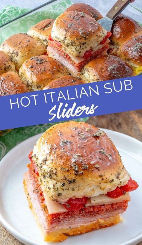 Hot Italian Sub Sliders Hot Italian Sliders, Sliders Healthy, Sliders Appetizers, Italian Sub Sliders, Sub Sliders, Italian Sliders, Easy Slider Recipes, Hot Sandwich Recipes, Italian Appetizer