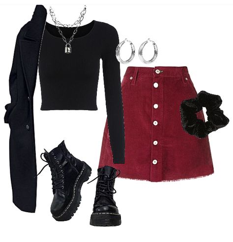 Aesthetic Black And Red Outfit, Cute Outfits Red And Black, Dark Red Top Outfit, Dark Red Outfit Ideas, Black And Red Aesthetic Outfit, Dark Red And Black Outfit Aesthetic, Red Autumn Outfits, Red And Black Outfits Aesthetic, Red And Black Outfits For Women