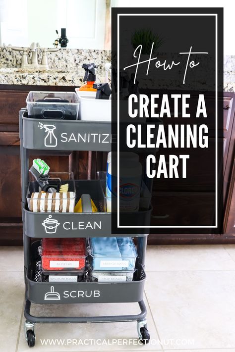 Create a cleaning cart to make cleaning easier! Cleaning Rack Organization, Cleaning Cart Organization, How To Organize Cleaning Supplies, Cleaning Cart Ideas, Cleaning Caddy Ideas, Organize Cleaning Supplies, Cleaning Trolley, Products Organization, Cart Organization