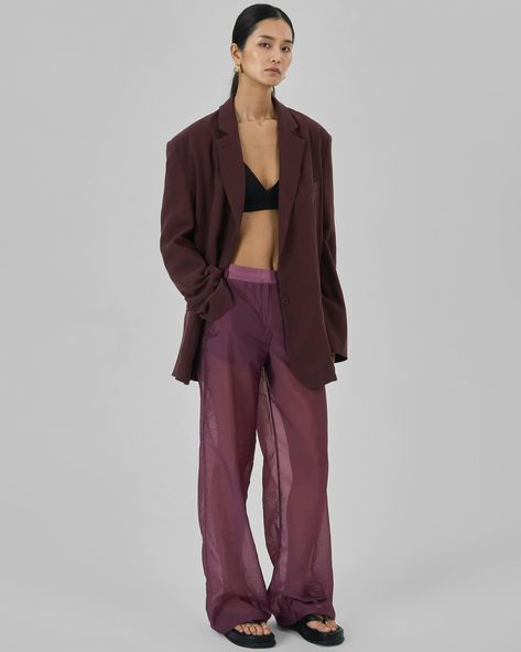 Add the perfect sheer touch with the new shade of our barley-there Abra trousers. Now available. #TheFrankieShop #FrankieForAll #FrankieGirl Sheer Pants Outfit, Sheer Pants, Paris Store, Denim Suit, Paris Woman, Back Patch, Leather Texture, Sheer Fabrics, Pants Outfit